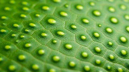Macro close-up of a vibrant green plant leaf revealing its intricate organic texture, featuring a mesmerizing pattern of raised spherical cells for unique biological surface