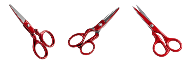 Set of Professional hairdressing scissors cutting a strand of hair transparent png background. Ai generated