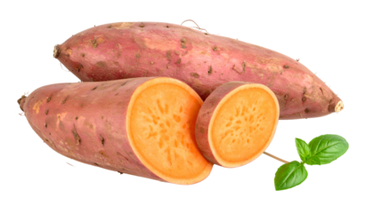 Two sweet potatoes, one sliced with orange flesh and green sprig on black