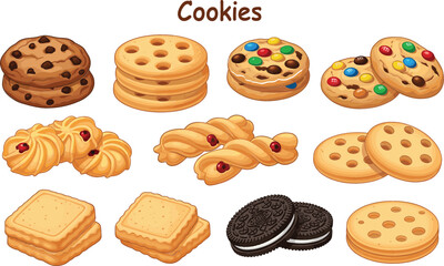 Deliciously Illustrated Assortment of Sweet Baked Cookies, Including Chocolate Chip, Sandwich, Shortbread, and Sugar Biscuits, Perfect for Dessert Menus and Bakery Designs.