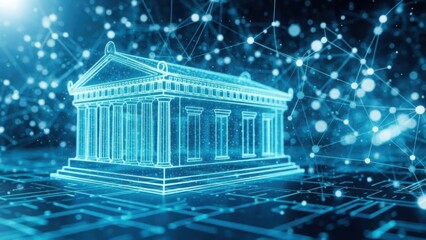 Digital bank building with abstract network background representing financial technology