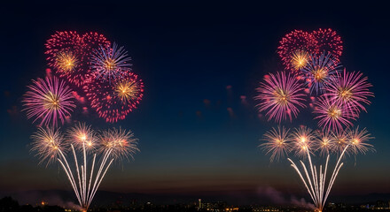 Two symmetrical bursts of vibrant red and gold fireworks illuminating the night sky