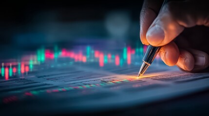 Person is writing with a pen on a piece of paper with a colorful background. Concept of creativity and focus