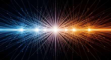Abstract burst of blue and orange light rays emanating from a bright center