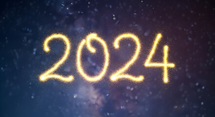 Golden glowing numbers 2024 illuminated against a dark starry night sky background