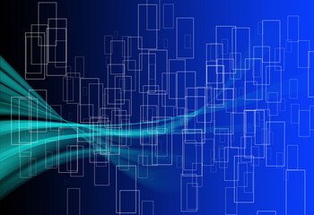 Futuristic neon curved beams background with a rectangular frames. CCTV focus frames