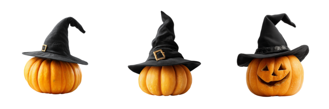 Set of Young pretty woman costume as witch holding a pumpkin transparent png background. Ai generated - Powered by Adobe