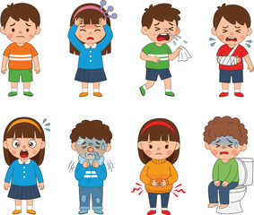 Vector Set of Children with Common Sickness Symptoms like Fever, Cold, and Injuries