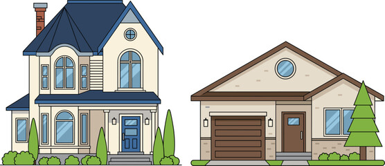 Vector illustration of two residential houses, including a modern single-story home and a classic two-story house with detailed architecture.