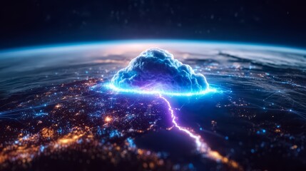 Blue and purple cloud is hovering over a planet. The sky is dark