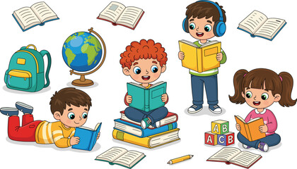 Cartoon Vector of Diverse Children Reading Books with School Supplies and a Globe