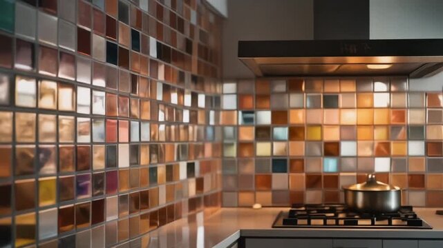 A kitchen backsplash revealed in gradual motion, shimmering tiles shifting tone as light moves across them.