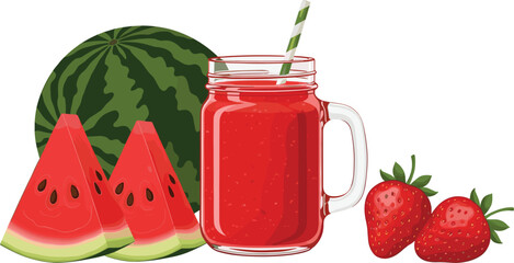 Vector illustration of watermelon and strawberries with a refreshing red fruit juice in a mason jar, perfect for summer and beverage designs.