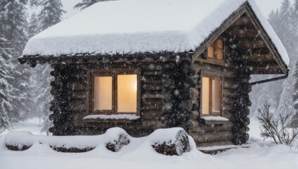 Cozy Log Cabin in Snowy Forest During Winter Storm.
