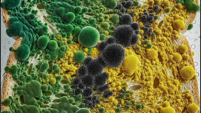 Growth of mold on a slice of white bread in a humid environment shown in a time lapse
