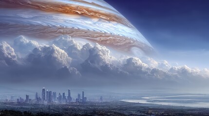 City is shown in the background with a large planet in the sky. The sky is filled with clouds. Scene is one of wonder