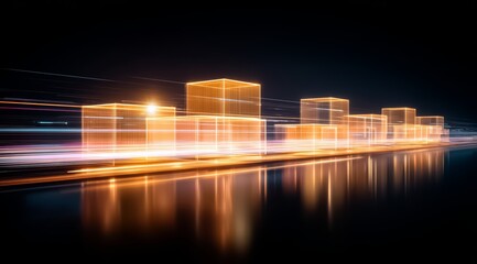 City skyline is lit up with orange lights, creating a warm and inviting atmosphere