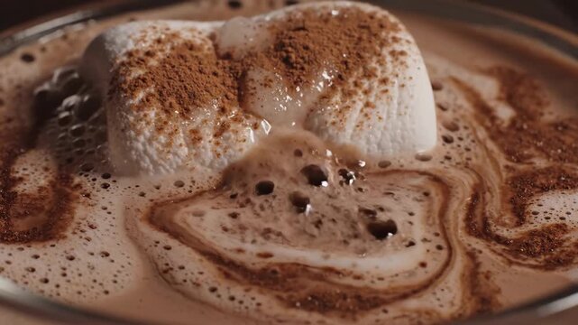 Thick, rich hot chocolate bubbles gently as fluffy marshmallows float atop, slowly melting into sweet, velvety bliss on a cold evening.