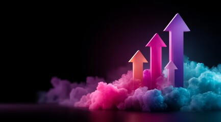 Colorful cloud of smoke with four arrows pointing upwards. Concept of growth and progress, as the arrows rise higher