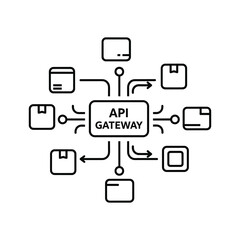 API Gateway connecting various services and applications in a distributed system architecture, illustrating data flow and microservices integration