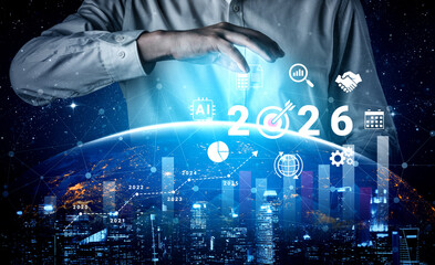 Bar graphs, charts, and number 2026 with AI and data analysis icons symbolizing future business innovation and analytics Parse