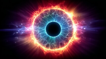 Colorful eye with a black center. The eye is surrounded by a bright, colorful explosion