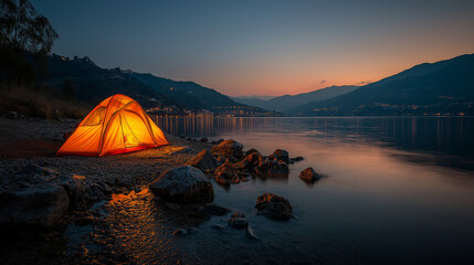 camping by the lake at sunset