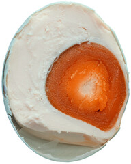 Macro of Cut Salted Duck Egg Showing Bright Orange Yolk in Transparent Background