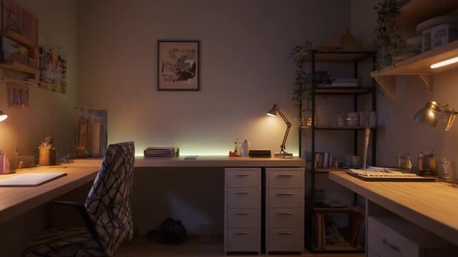 A serene home office at dusk with desk lamps illuminating workspaces and a comfortable chair