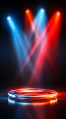 Large, circular stage with three bright lights shining on it. The lights are red, blue, and yellow