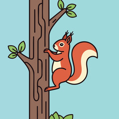 Red Squirrel Climbing Tree Trunk