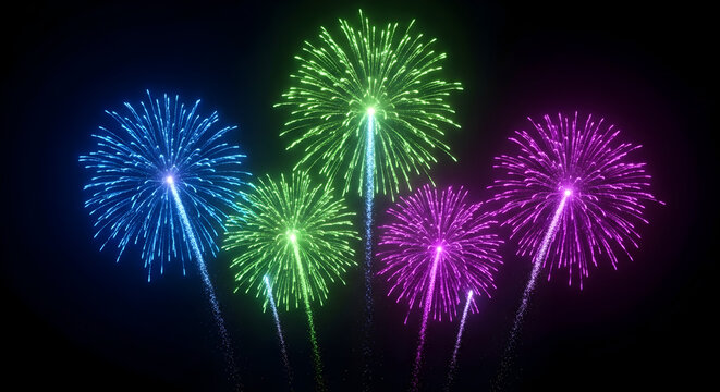 Vibrant fireworks burst in a dark night sky with multiple colors and patterns - Powered by Adobe