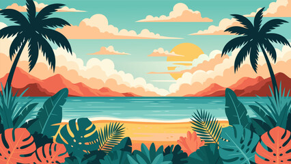 Fototapeta premium Beautiful tropical beach scene with palm trees, lush foliage, and a vibrant sunset over the ocean, evoking a sense of paradise and relaxation