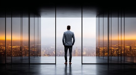 Plakat Man stands in front of a window, gazing out at the city below. He is dressed in a suit and tie