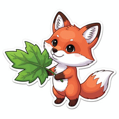 Cute Cartoon Fox with Green Leaves