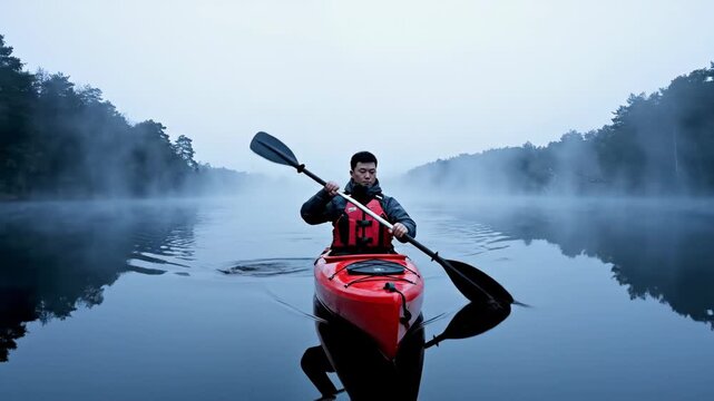 Early morning light dances on still waters as a person paddles effortlessly in a vibrant red kayak. Mist rises from the river, creating a serene atmosphere and beautiful reflections.