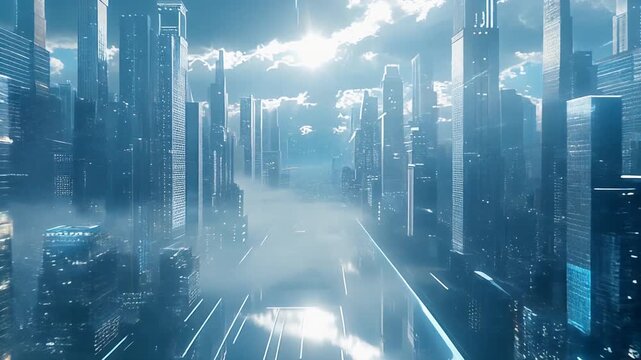 青白い光が差し込む未来都市上空の透明感ある都市風景