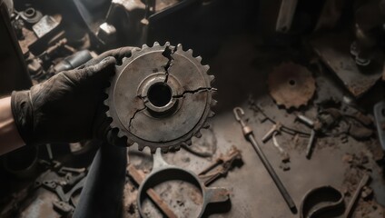 Cracked Gear in Gloved Hand Amidst Workshop Clutter.