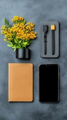 Smartphone, Notebook, Flowers, Cables on Gray Background