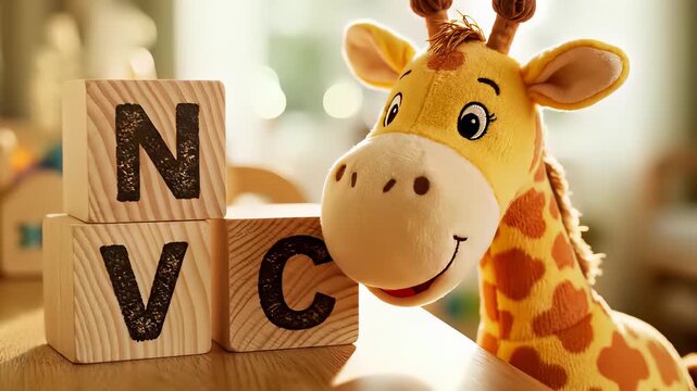 A whimsical scene of a stuffed giraffe sitting next to a wooden block bearing the letters NVC is perfectly captured in this 4K UHD video, exquisitely conveying the concept of creative.