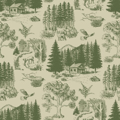Cabincore Forest Wildlife Rustic Toile Pattern