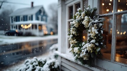 Snowy Wreath on Window with House in Background