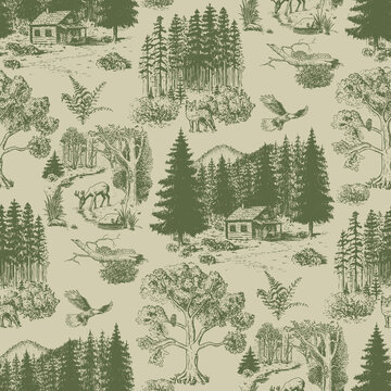 Cabincore Forest Wildlife Rustic Toile Pattern