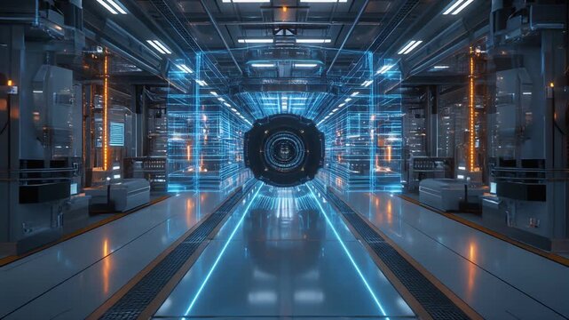 青いライトが走る工場通路をゆっくり進む視点映像