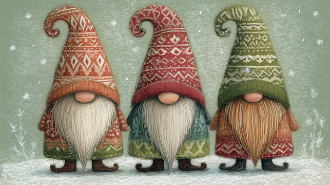 Drei niedliche Weihnachtswichtel im Winter &ndash; skandinavische Illustration