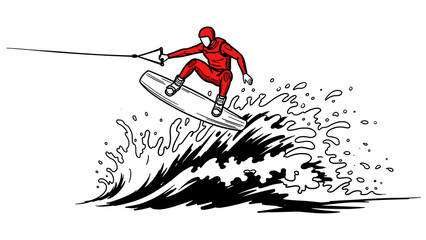 Fototapeta premium Dynamic wakeboarder in red suit riding waves with explosive energy