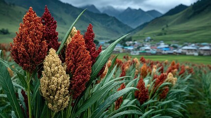 Sorghum Field in Bloom with Village and Mountains