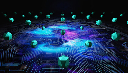 Futuristic Circuit Landscape with Floating Geometric Shapes