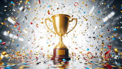 Golden trophy gleams amidst a vibrant shower of celebratory confetti, symbolizing achievement and triumphant victory in a dynamic, exciting moment.