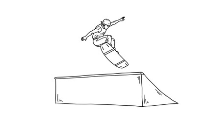 Fototapeta premium Dynamic skateboarder performing stunt on ramp in energetic line art style